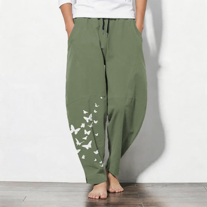 Buddha Stones Pure Cotton White Butterfly Cluster Pattern Drawstring Men's Tapered Pants With Pockets - OliveDrab - US/UK/AU50，EU60 (5XL) - image 7