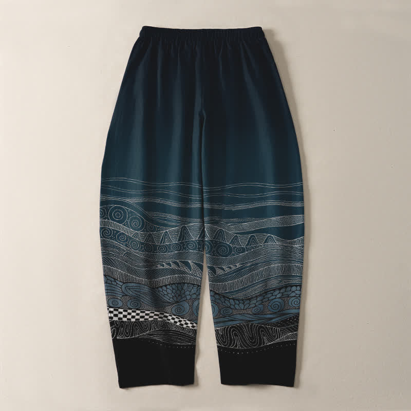 Buddha Stones Pure Cotton Tribal Wave Pattern Drawstring Men's Tapered Pants With Pockets - image 3