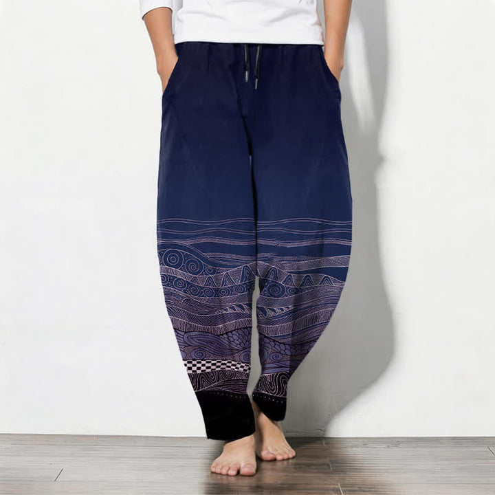 Buddha Stones Pure Cotton Tribal Wave Pattern Drawstring Men's Tapered Pants With Pockets - Navy - US/UK/AU50，EU60 (5XL) - image 7