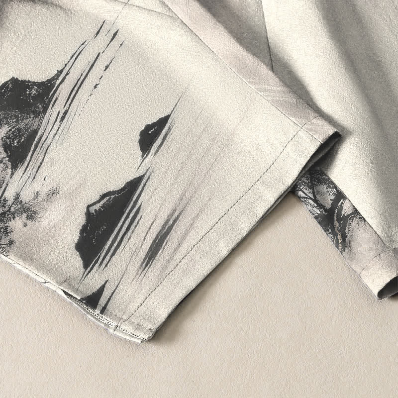 Buddha Stones Pure Cotton Ink Wash Mountain Landscape Pattern Drawstring Men's Tapered Pants With Pockets - image 5