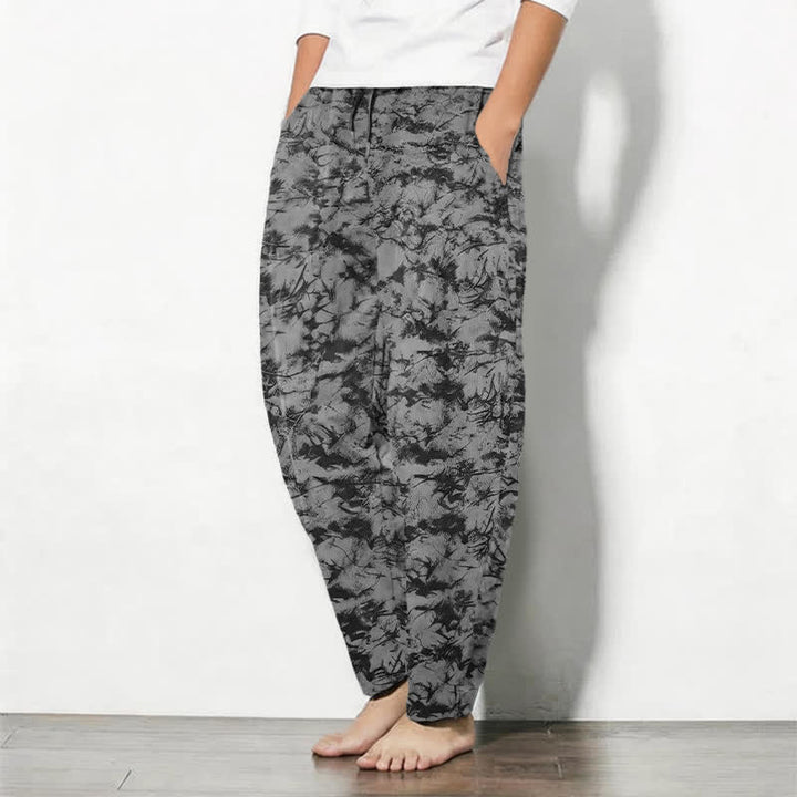 Buddha Stones Pure Cotton Dark Marble Camo Pattern Drawstring Men's Tapered Pants With Pockets - image 12