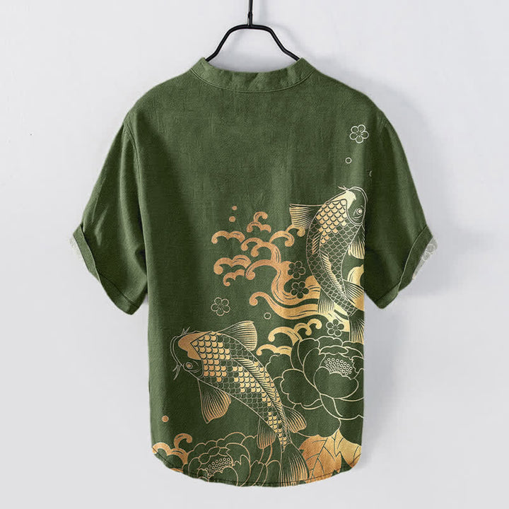 Buddha Stones Cotton Koi Fish Peony Pattern Men's Short Sleeve Half Button Shirt - image 8