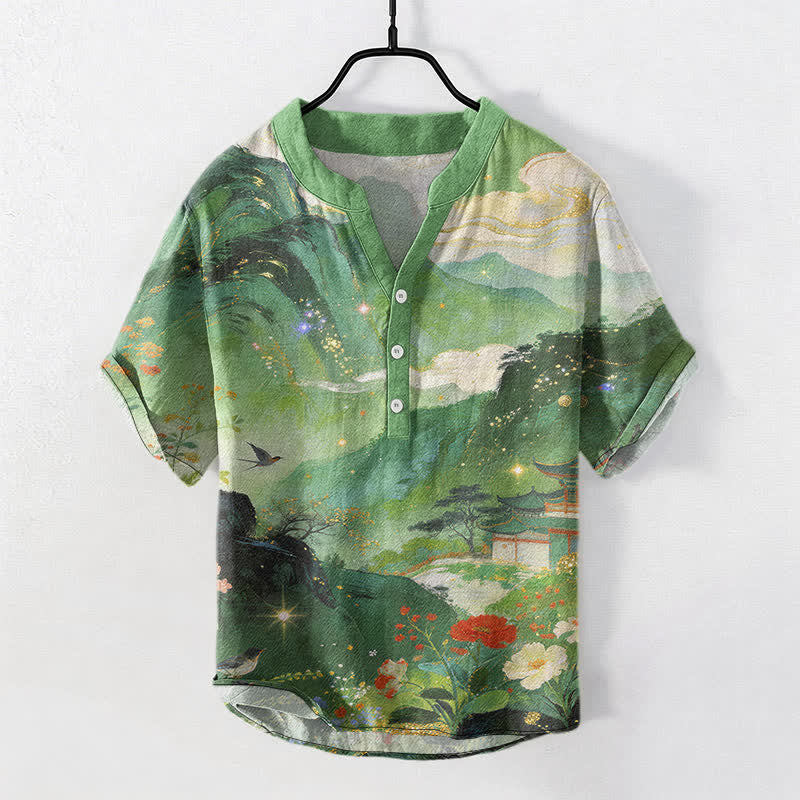Buddha Stones Cotton Ink Wash Landscape Pattern Men's Short Sleeve Half Button Shirt - MediumSeaGreen - US/UK/AU50，EU60 (5XL) - image 5