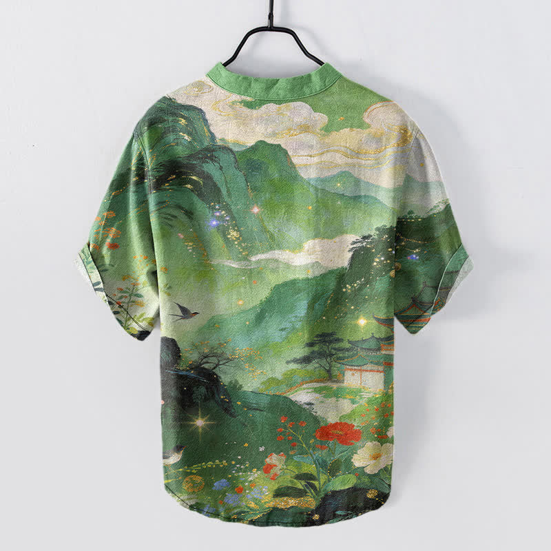 Buddha Stones Cotton Ink Wash Landscape Pattern Men's Short Sleeve Half Button Shirt - image 6