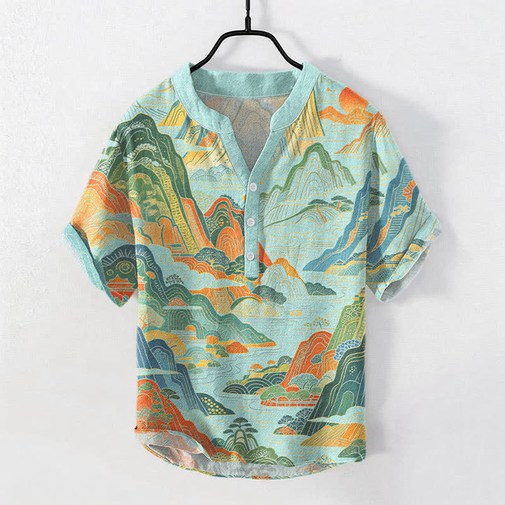 Buddha Stones Cotton Abstract Mountain Landscape Pattern Men's Short Sleeve Half Button Shirt - PaleTurquoise - US/UK/AU50，EU60 (5XL) - image 5