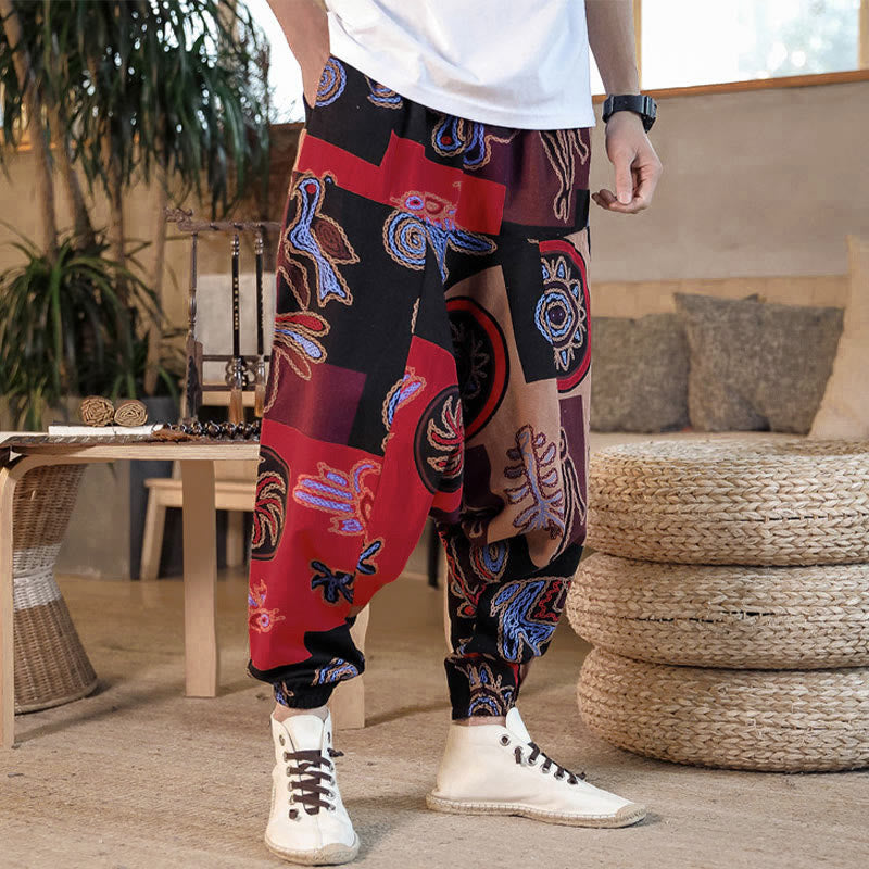 Buddha Stones Grid Flower Print Cotton Men's Harem Cropped Pants With Pockets - image 5