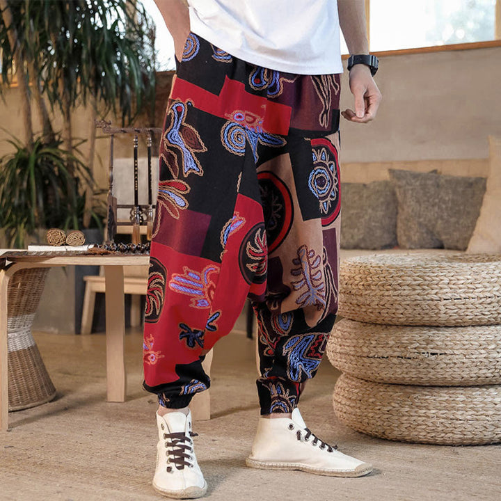 Buddha Stones Grid Flower Print Cotton Men's Harem Cropped Pants With Pockets - image 5