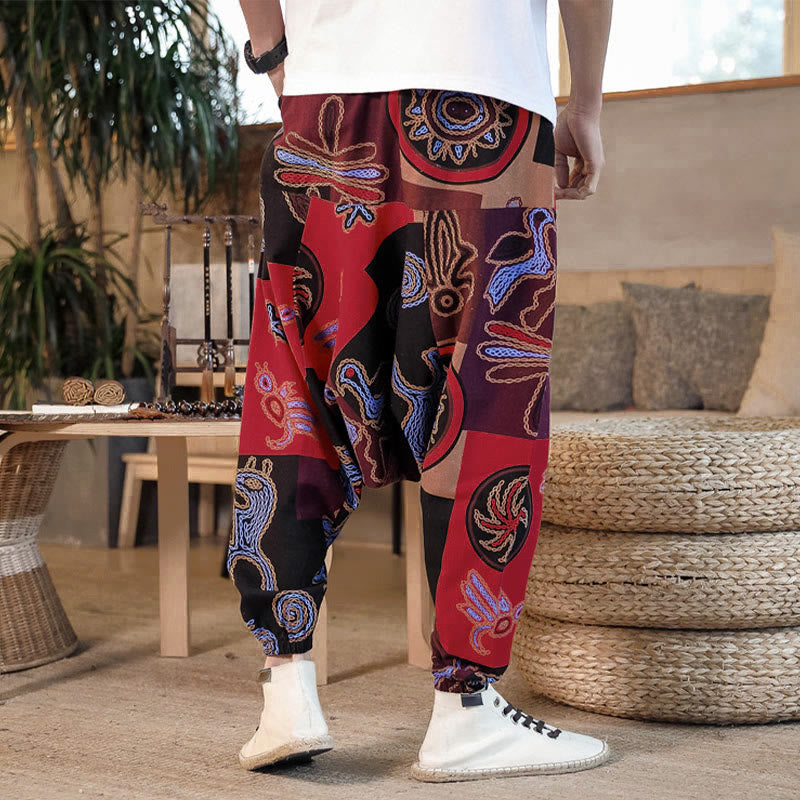 Buddha Stones Grid Flower Print Cotton Men's Harem Cropped Pants With Pockets - image 7