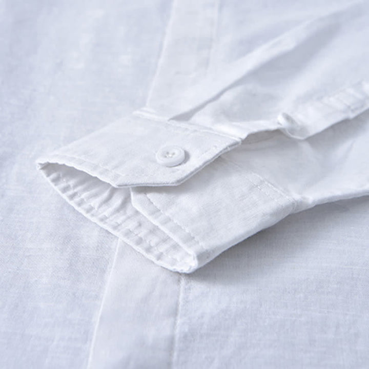 Buddha Stones Spring Casual Mandarin Collar Button-Up Solid Cotton Linen Men's Long Sleeve Shirts - image 20