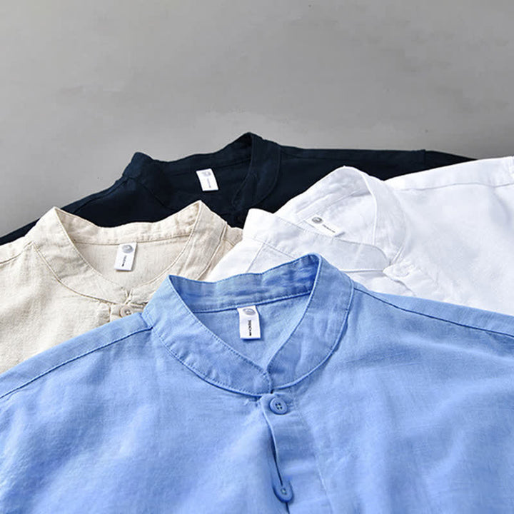 Buddha Stones Spring Casual Mandarin Collar Button-Up Solid Cotton Linen Men's Long Sleeve Shirts - image 21