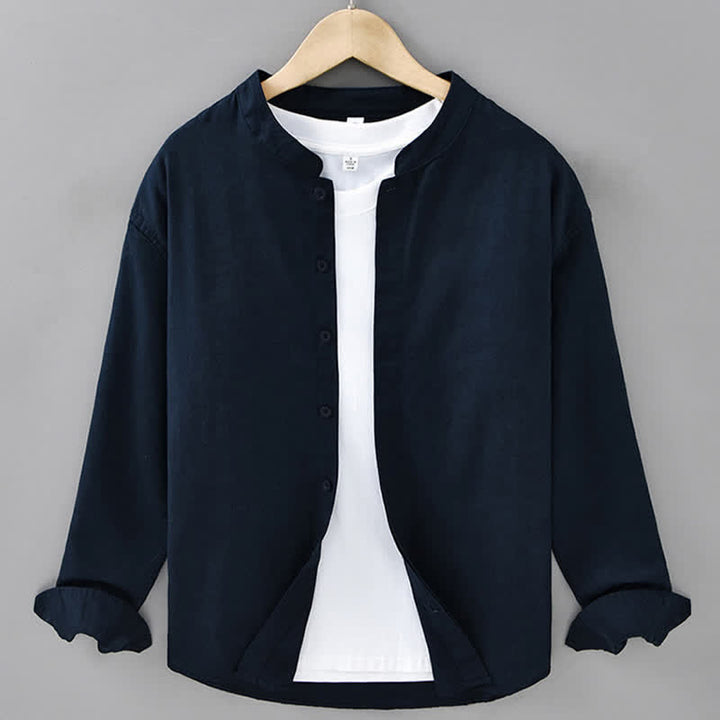 Buddha Stones Spring Casual Mandarin Collar Button-Up Solid Cotton Linen Men's Long Sleeve Shirts - Navy - US/UK/AU42，EU52 (3XL) - image 9