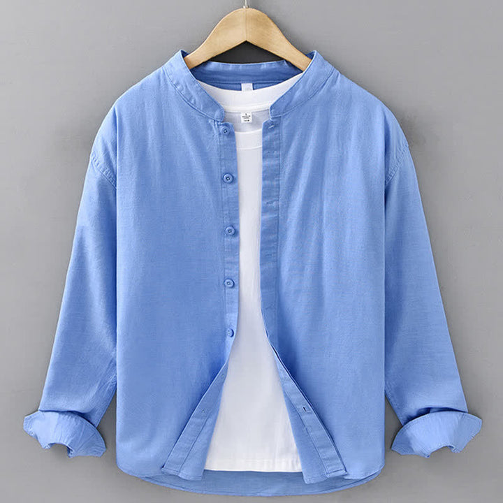 Buddha Stones Spring Casual Mandarin Collar Button-Up Solid Cotton Linen Men's Long Sleeve Shirts - CornflowerBlue - US/UK/AU42，EU52 (3XL) - image 13