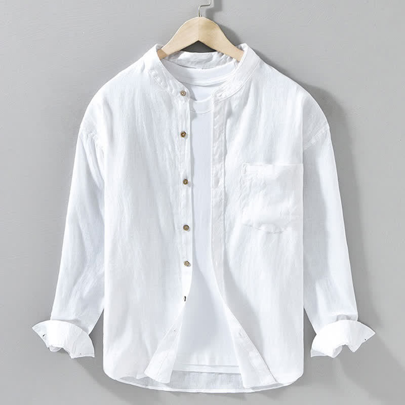 Buddha Stones Spring Casual Mandarin Collar Solid Linen Men's Long Sleeve Shirts With Patch Pocket - White - US/UK/AU42，EU52 (3XL) - image 21