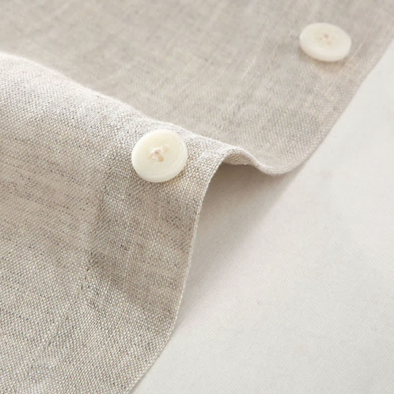 Buddha Stones Summer Casual Button-Up Solid Linen Men's Short Sleeve Shirts With Patch Pocket - image 3