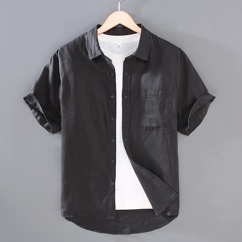 Buddha Stones Summer Casual Button-Up Solid Linen Men's Short Sleeve Shirts With Patch Pocket - DarkSlateGray - US/UK/AU42，EU52 (3XL) - image 9