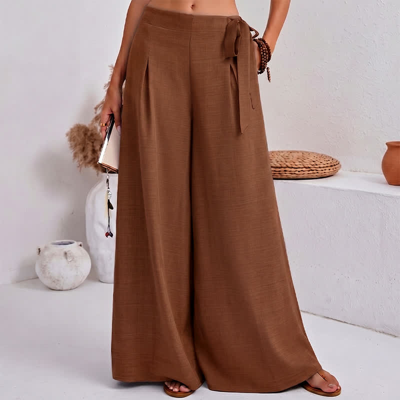 Buddha Stones Spring Casual Retro Plain Drawstring Women's Wide Leg Pants With Pockets - image 10