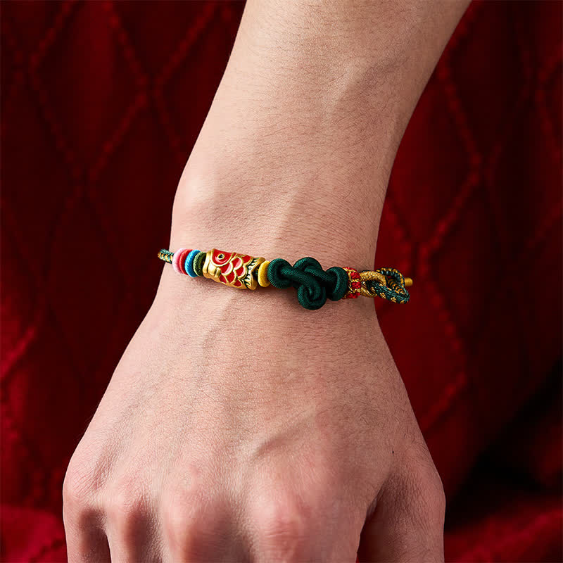 Buddha Stones Hand-Woven Dark Green Yellow String Red Koi Fish Protection Bracelet - image 4