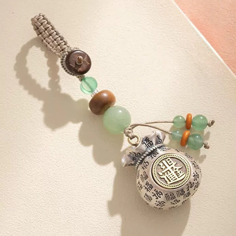 Buddha Stones Copper Fu Character Hand-Woven Blessing Bag Beaded Keychains - Wealth(Make a fortune every day) - image 7