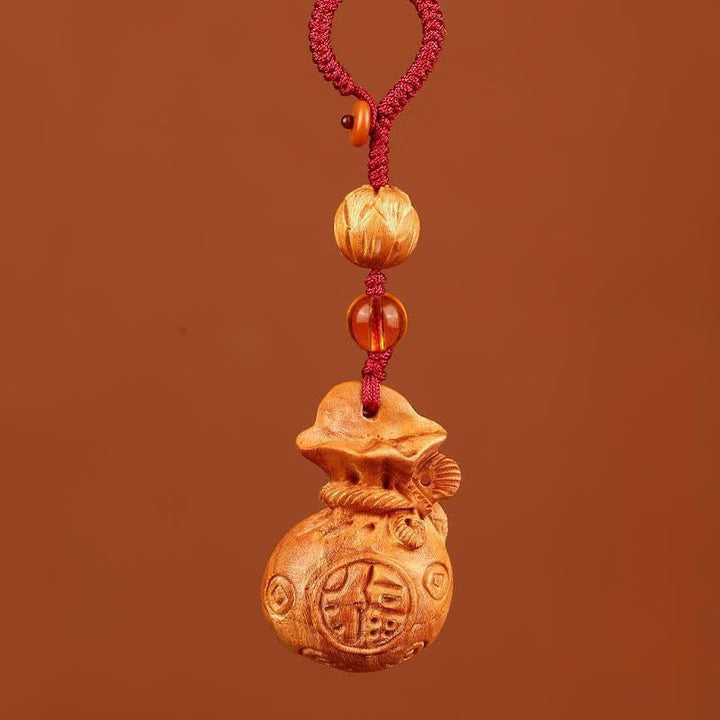 Buddha Stones Peach Wood Fu Character Lotus Lucky Pouch Wealth Charm Keychains - Lotus Red Rope - image 9