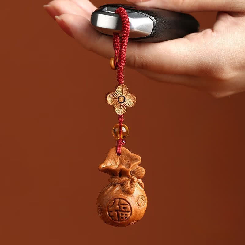 Buddha Stones Peach Wood Fu Character Lotus Lucky Pouch Wealth Charm Keychains - image 4