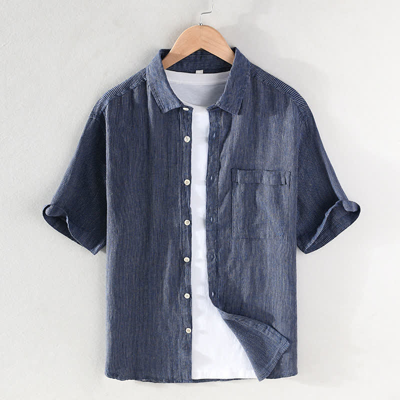 Buddha Stones Summer Casual Solid Striped Linen Men's Short Sleeve Shirts With Patch Pocket - SteelBlue - US/UK/AU42，EU52 (3XL) - image 0