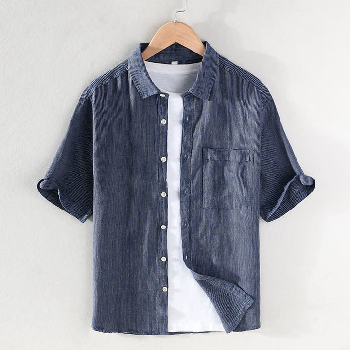 Buddha Stones Summer Casual Solid Striped Linen Men's Short Sleeve Shirts With Patch Pocket - SteelBlue - US/UK/AU42，EU52 (3XL) - image 0