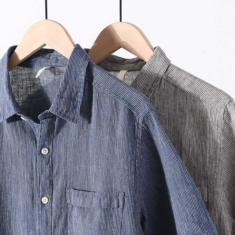 Buddha Stones Summer Casual Solid Striped Linen Men's Short Sleeve Shirts With Patch Pocket - image 21