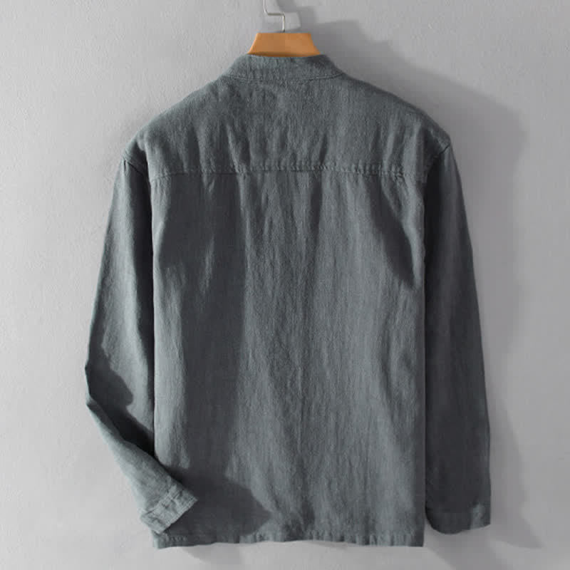 Buddha Stones Spring Casual Mandarin Collar Solid Ramie Men's Long Sleeve Shirts With Pocket - image 15