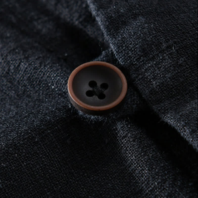 Buddha Stones Spring Casual Mandarin Collar Solid Ramie Men's Long Sleeve Shirts With Pocket - image 12