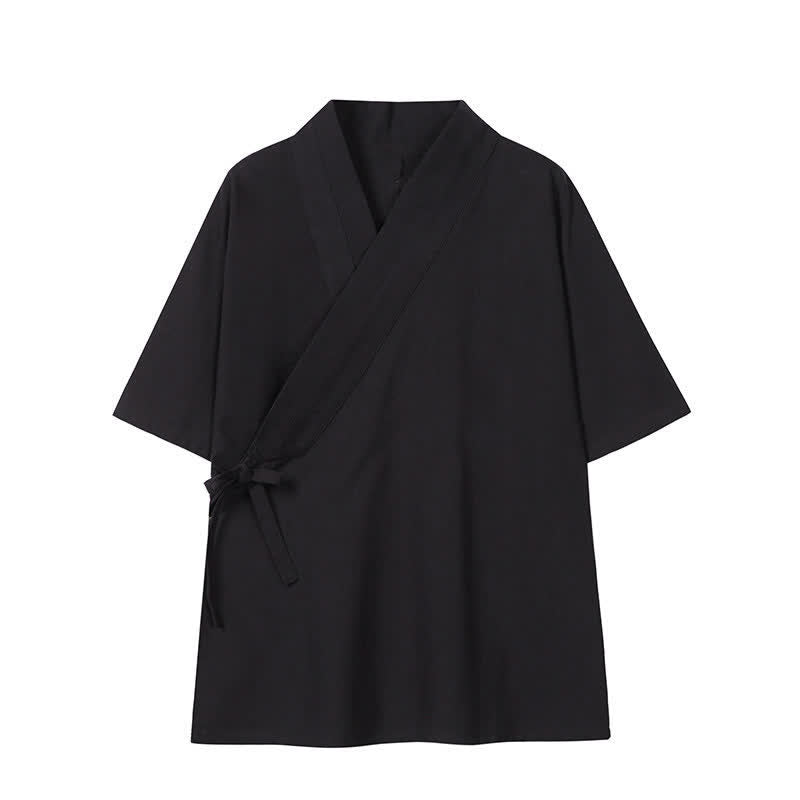 Buddha Stones Spring Summer Minimalist Drawstring Solid Cotton Linen Men's Kimono - Black - US/UK/AU46，EU56 (5XL) - image 10
