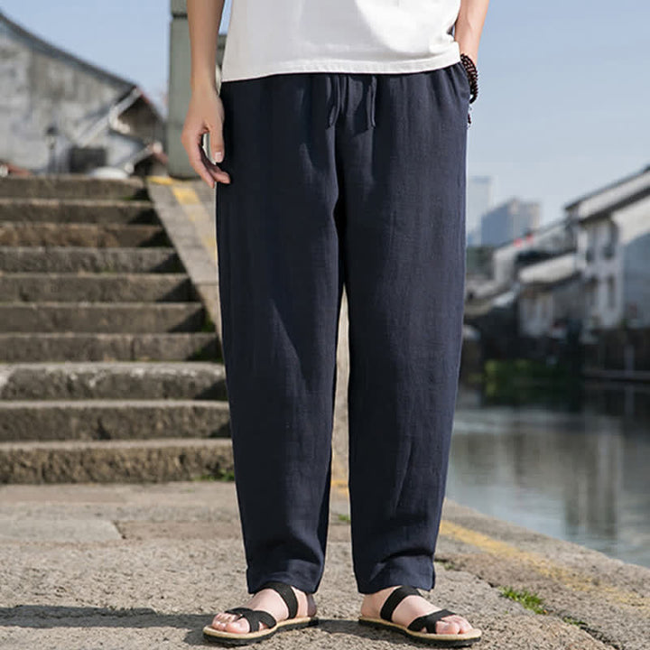 Buddha Stones Spring Summer Casual Minimalist Drawstring Solid Ramie Ankle Pants Men's Harem Pants With Pocket - MidnightBlue - US/UK/AU44，EU54 (4XL) - image 12