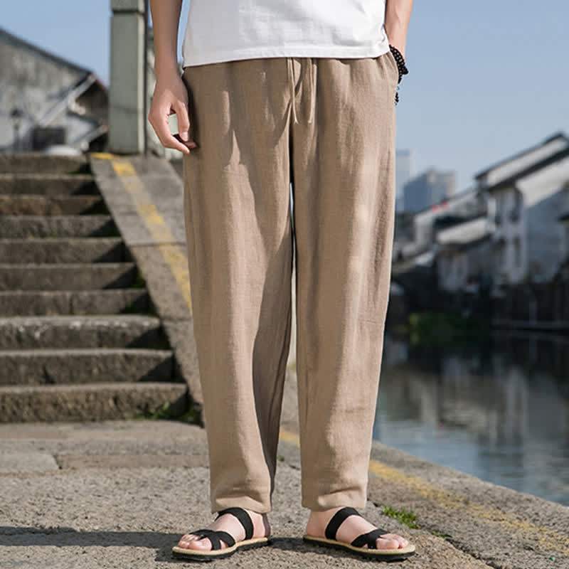Buddha Stones Spring Summer Casual Minimalist Drawstring Solid Ramie Ankle Pants Men's Harem Pants With Pocket - image 24