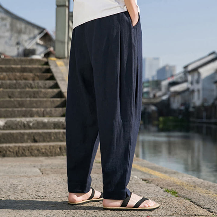 Buddha Stones Spring Summer Casual Minimalist Drawstring Solid Ramie Ankle Pants Men's Harem Pants With Pocket - image 16
