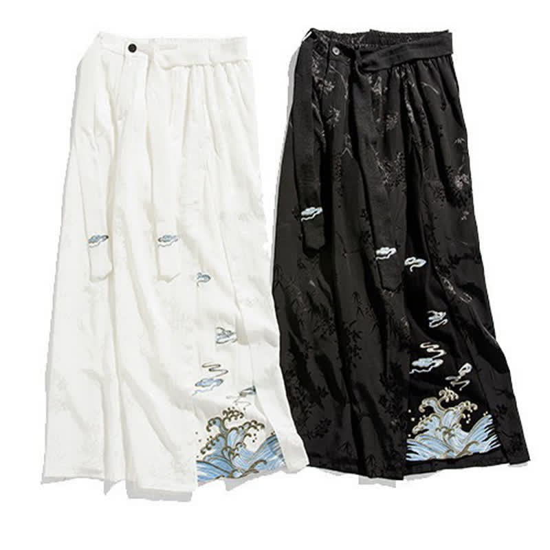 Buddha Stones Spring Summer Tang Style Drawstring Embroidery Abstract Cropped Pants Men's Wide Leg Pants With Pocket - image 21