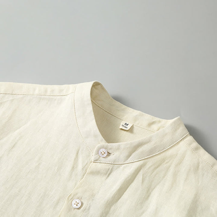 Buddha Stones 2Pcs Summer Mandarin Collar Button-Up Solid Linen Short Sleeve Shirt Shorts Men's Meditation Cloth With Pocket - image 13