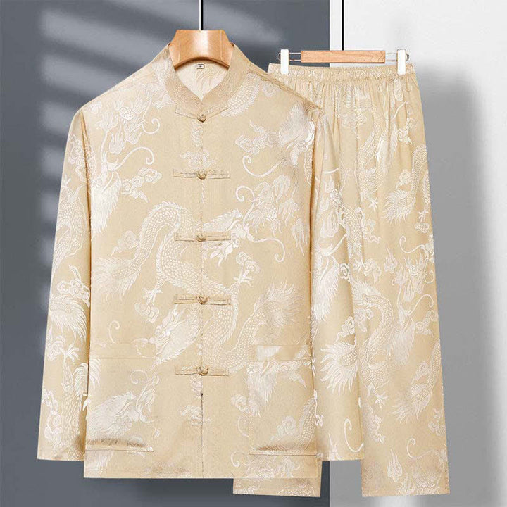 Buddha Stones 2Pcs Tang Suit Dragon Frog-Button Men's Long Sleeve Shirt Pants Clothing Set - Khaki - US/UK/AU42，EU52 (3XL) - image 2