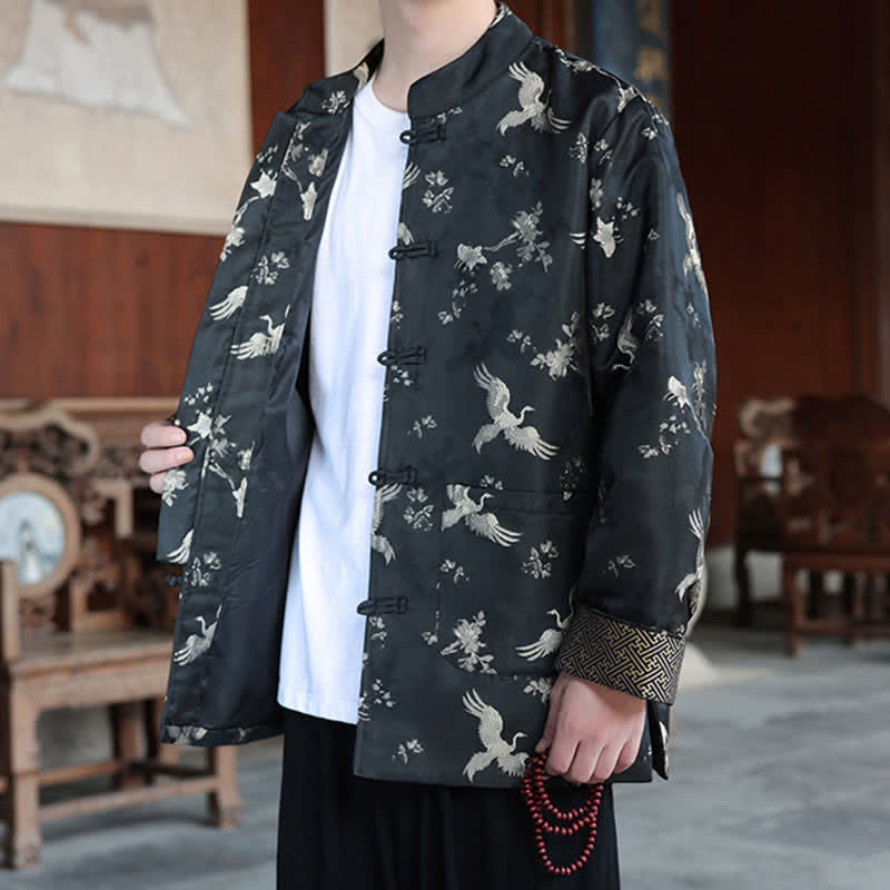 Buddha Stones Fall Winter Tang Style Vintage Mandarin Collar Crane Print Men's Jackets With Pocket - image 5