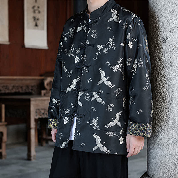 Buddha Stones Fall Winter Tang Style Vintage Mandarin Collar Crane Print Men's Jackets With Pocket - image 4