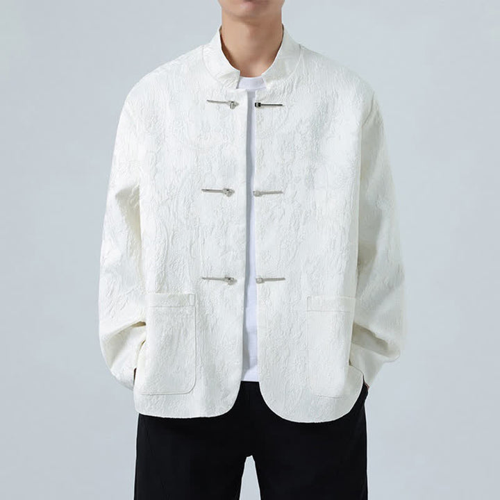Buddha Stones Fall Winter Tang Style Vintage Mandarin Collar Frog Button Floral Men's Jackets With Pocket - Snow - US/UK/AU46，EU56 (5XL) - image 9
