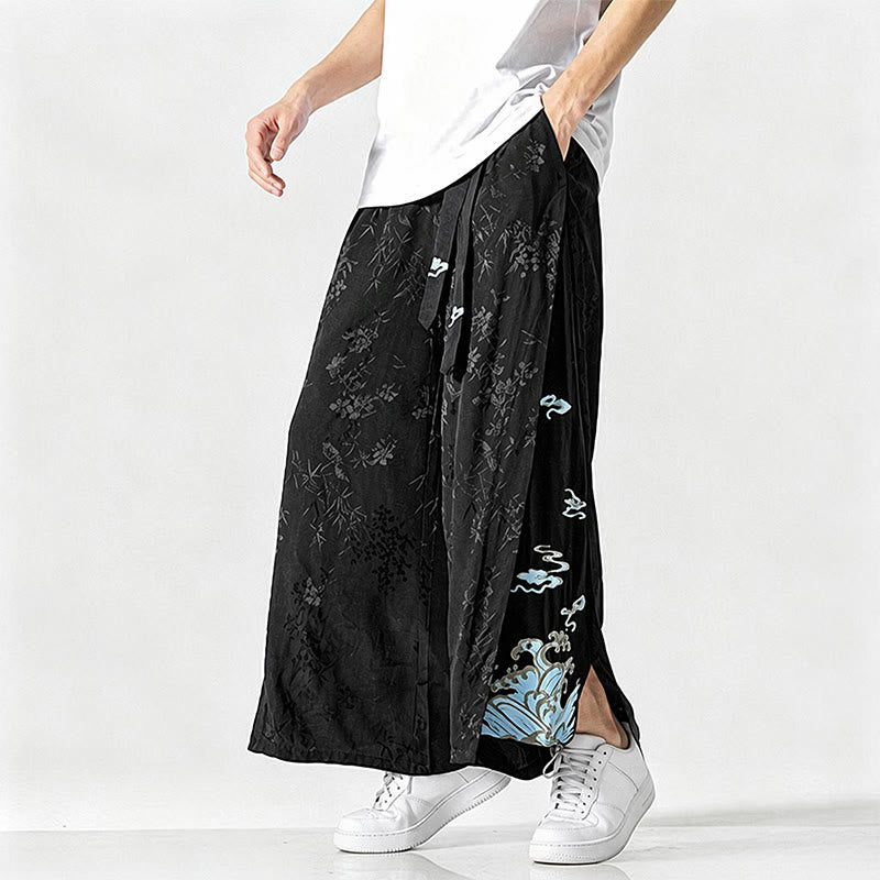 Buddha Stones Spring Summer Tang Style Drawstring Embroidery Abstract Cropped Pants Men's Wide Leg Pants With Pocket - image 6