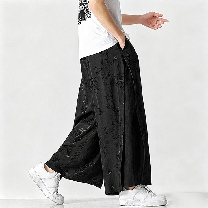 Buddha Stones Spring Summer Tang Style Drawstring Embroidery Abstract Cropped Pants Men's Wide Leg Pants With Pocket - image 3