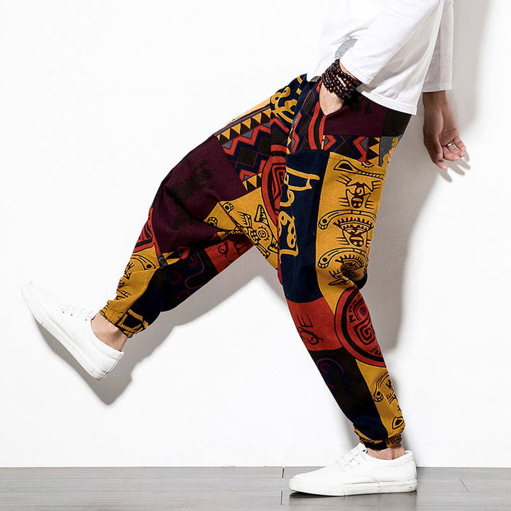 Buddha Stones Red Brown Graffiti Bird Print Men's Harem Pants With Pockets - image 7