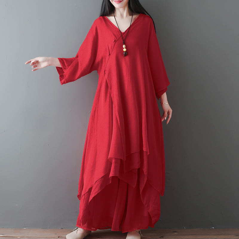 Buddha Stones V-Neck Midi Tunic Dress Wide Leg Pants Meditation Zen Practice Dance Clothing - image 8