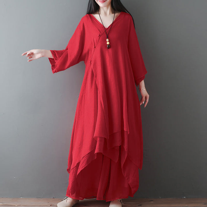 Buddha Stones V-Neck Midi Tunic Dress Wide Leg Pants Meditation Zen Practice Dance Clothing - image 8