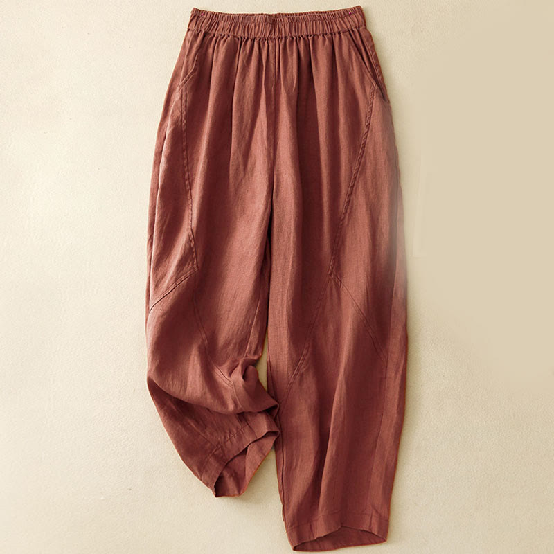 Buddha Stones Casual Plain Cropped Pants Women's Linen Harem Pants With Pockets - Maroon - US8-10，UK/AU12-14，EU40-42 (2XL) - image 15