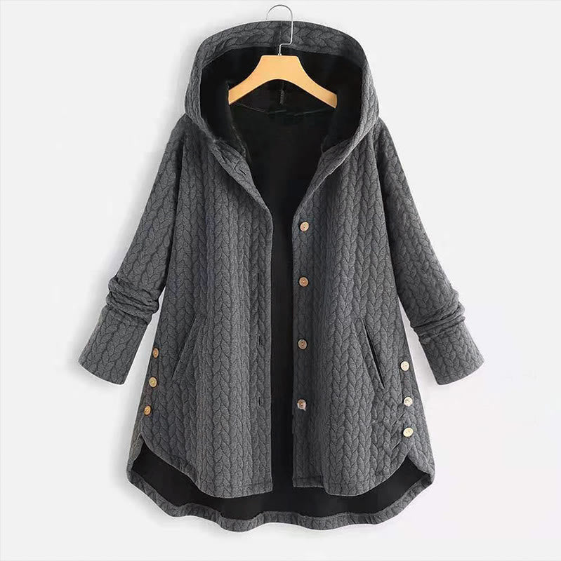 Buddha Stones Fall Wheat Ear Pattern Mid-length Design Women's Long Sleeve Hooded Coat With Pockets - Gray - US22，UK/AU26，EU54 (8XL) - image 0