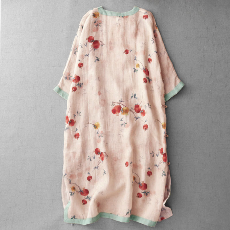 Buddha Stones Frog-Button Orchid Pomegranate Flowers Pattern Side Slit Design Half Sleeve Midi Dress - image 2