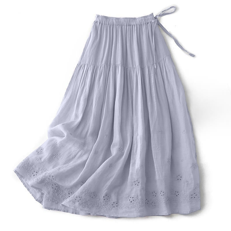 Buddha Stones Embroidery Hollow Design A-line Drawstring High Waist Women's Skirt With Pockets - LightBlue - US8-10，UK/AU12-14，EU40-42 (2XL) - image 0