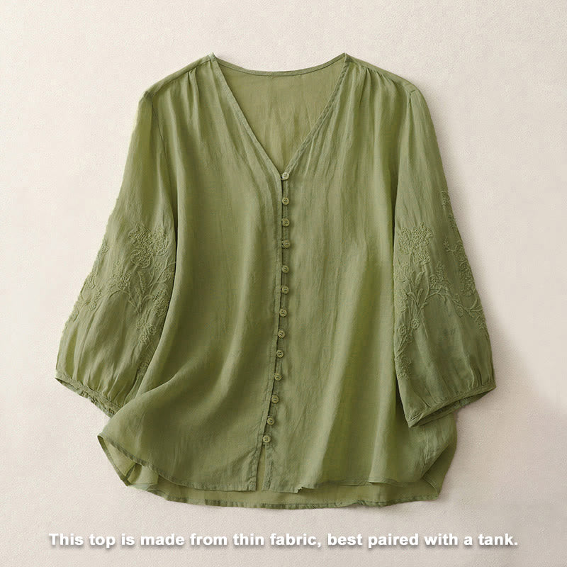 Buddha Stones Embroidery Button-down Women's Shirt - image 1