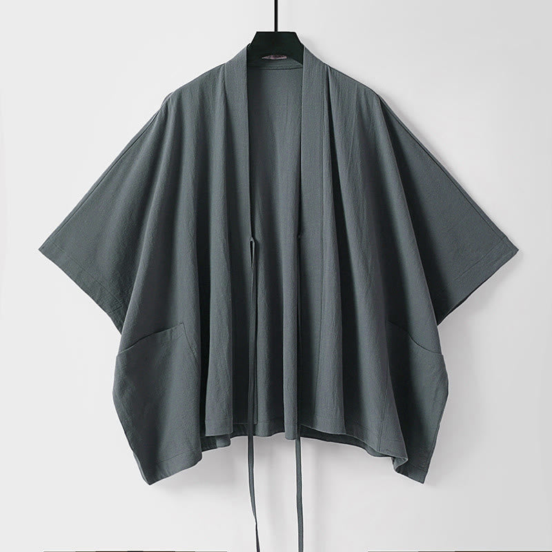 Buddha Stones Summer Minimalist Drawstring Lace-up Solid Short Sleeve Men's Kimono With Pockets - image 1